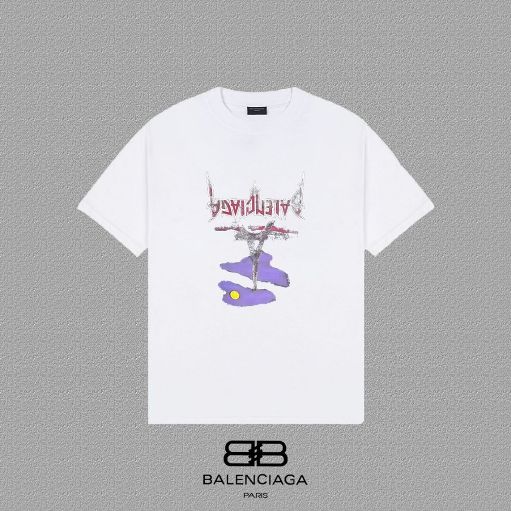 BALENCIAGA/BALENCIAGA คลาสสิกรอบคอแขนสั้นเสื้อยืดผู้ชายผู้หญิงสไตล์ผ้าฝ้าย 100% ที่กําหนดเองธุรกิจ S