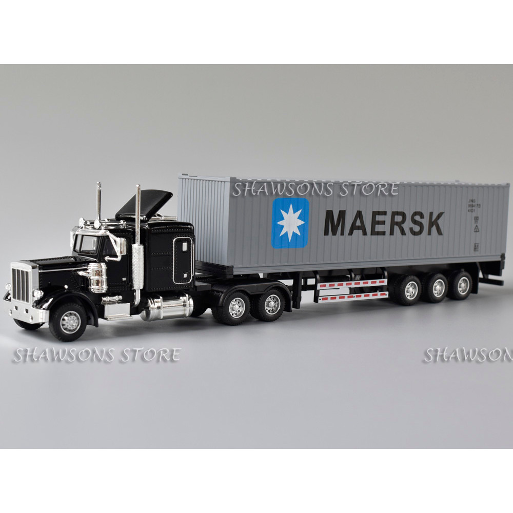 1:50 Scale Diecast รุ่นกึ่งรถบรรทุกของเล่น Peterbilt 389 รถแทรกเตอร์คอนเทนเนอร์ Trailer ดึงกลับ Miniature Replica เสียง Light