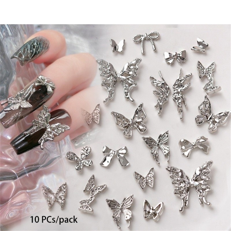 JIANGZHIB ANNIES 10PCS โลหะเงินเล็บอุปกรณ์เสริม Stick เจาะสามมิติสามมิติ Big Wings สติกเกอร์