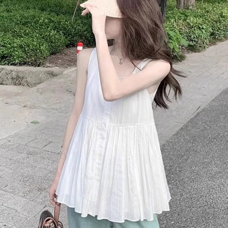 ❤sweet❤ผู้หญิง สีขาว สายเดี่ยว กระโปรงเสื้อกั๊ก แขนกุด เสื้อเชิ้ต เสื้อ