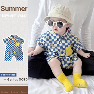 ฤดูร้อนเสื้อผ้าเด็กทารกชายหญิงแขนสั้น ชุดรอมเปอร์ 0-24 เดือนทารกแรกเกิด สุด ๆ หล่อ โปโล กระดานหมากรุก สไตล์เกาหลีบอดี้สูท