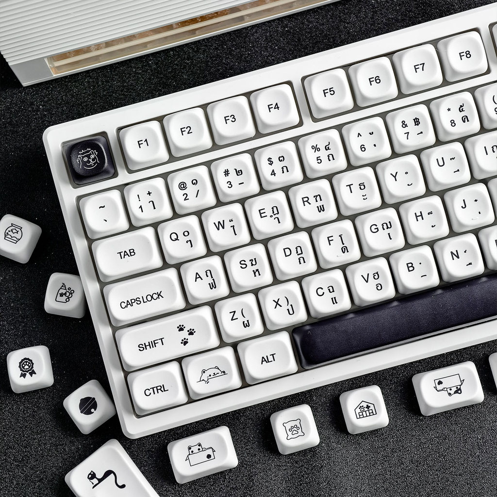Thai Keycapแมวน่ารักภาษาไทย Keycap PBT 130 คีย์ MOA โปรไฟล์ Aula F75 F99 RK100 Dye Sublimation Mecha