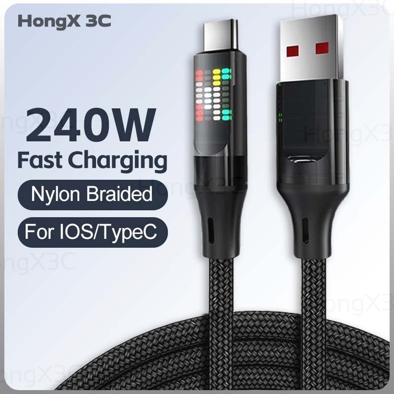 240W 6A Super Fast Charging Data CABLE พร้อม Ambient Light USB to Type C สายชาร์จโทรศัพท์ไนลอนทอสายชาร์จกว้างขึ้น