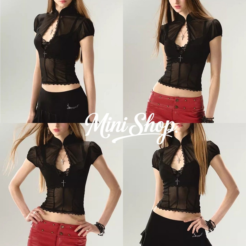 Mini shop🌸พร้อมส่ง🌸(FY5072)พร้อมส่ง เสื้อยืดครอปแขนสั้น ดีเทลเว้าหลังอยู่ ผ้าซีทรู เหมาะกับสาวเซ็กซี่ เสื้อแฟชั่น