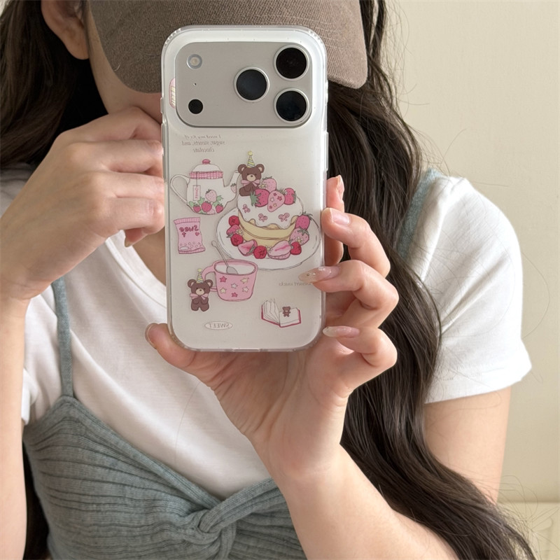 สําหรับiPhone 17 15 13 14 16 pro MAXกรณีสไตล์เกาหลีInsน่ารักสาวหัวใจนมHhuชายามบ่ายสตรอเบอร์รี่ขนมเค้