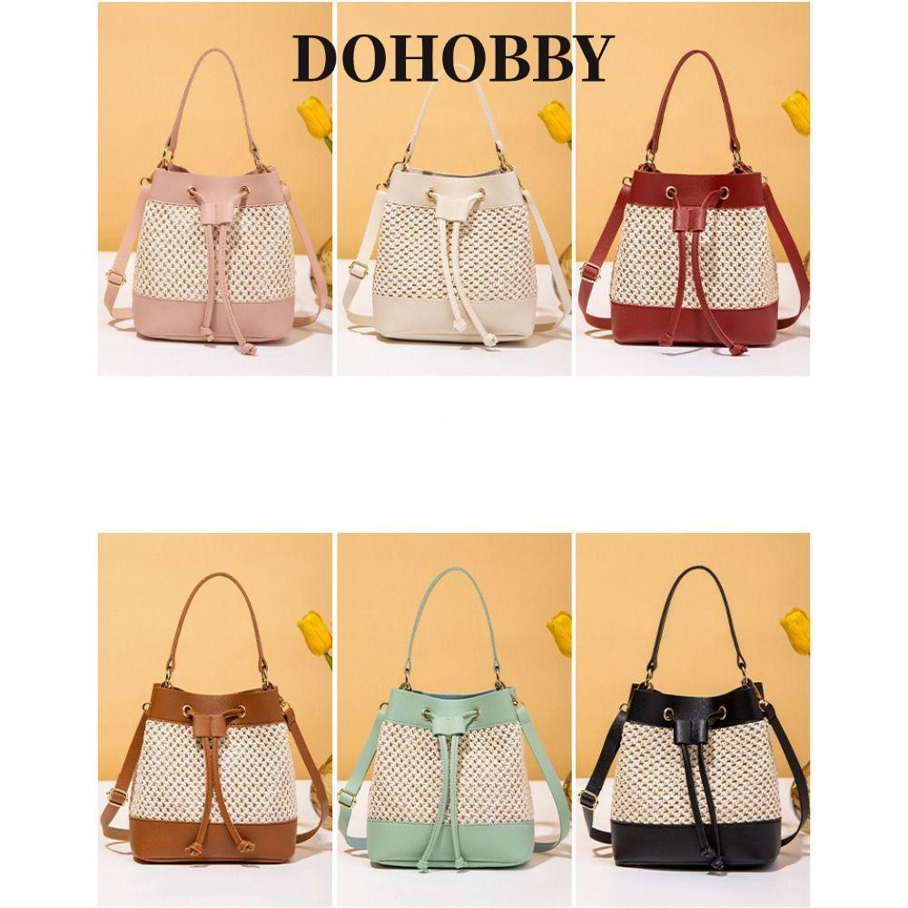 DOHOBBY กระเป๋าทรงถังทอ, กระเป๋าสะพายไหล่ PU สีแดง, กระเป๋าสะพายข้าง Boho ลําลองสําหรับผู้หญิง
