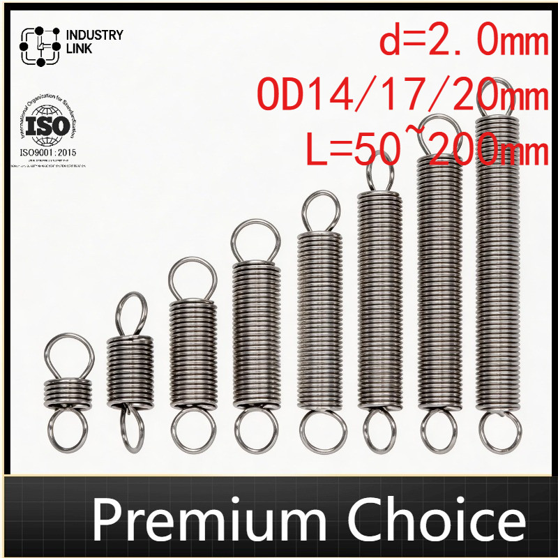 สปริงดึงสแตนเลส 304 พร้อมตะขอ d=2.0mm OD14/17/20mm L=50-200mm ทนทานต่อสนิม คุณภาพสูง เหมาะสำหรับทาประตูโรงรถ เครื่องแกว่ง อุปกรณ์ช่าง