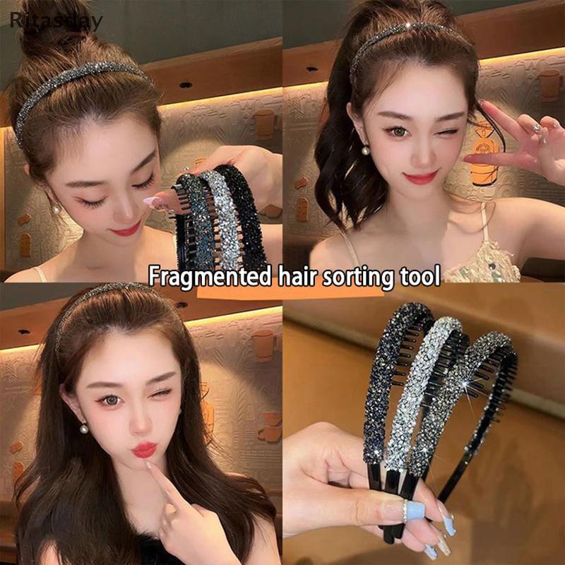 Ritasday ลื่น Rhinestone ผม Hoops ผู้หญิงฟันยืดหยุ่น s สําหรับผู้หญิงเงาหรูหราผม Hoops ใหม่