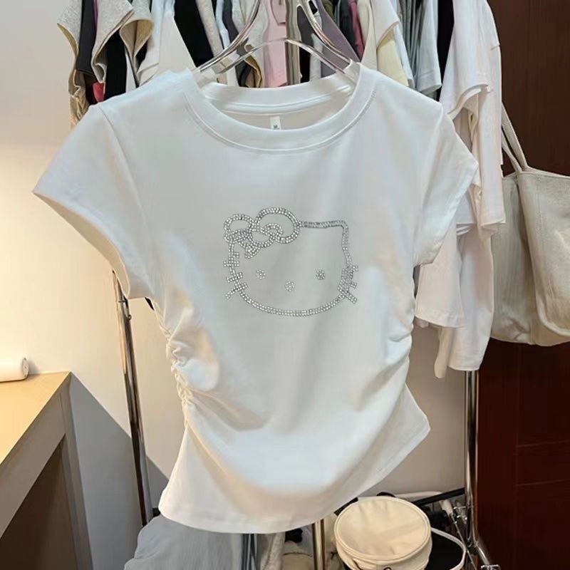 Pure Desire จีบสาวร้อนแขนสั้นเสื้อยืดผู้หญิง Niche Design Hello Kitty ร้อนเพชรรอบคอ Simple Top High-