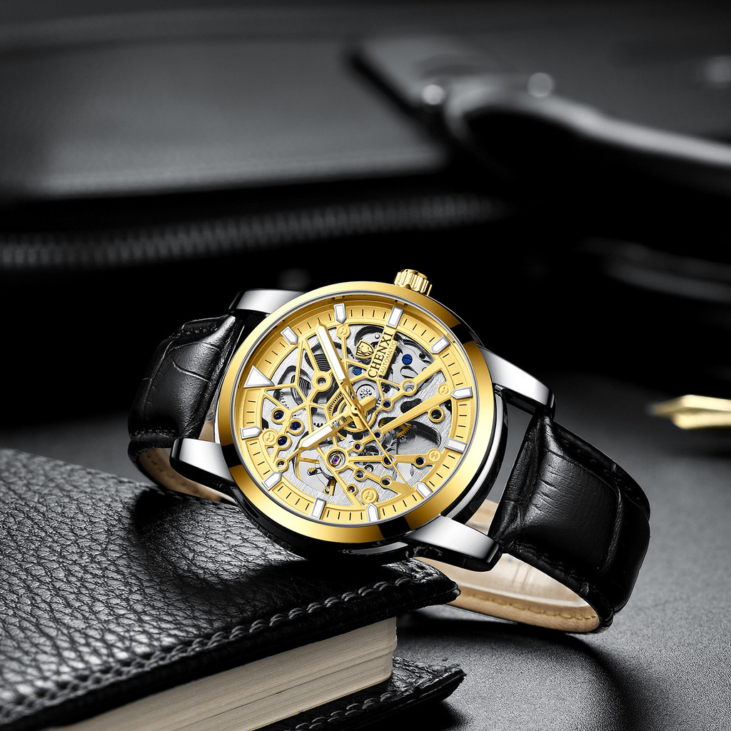 CHENXI CHENXI Hollow อัตโนมัตินาฬิกาผู้ชายเข็มขัดกันน้ํา Luminous Live Mechanical นาฬิกา