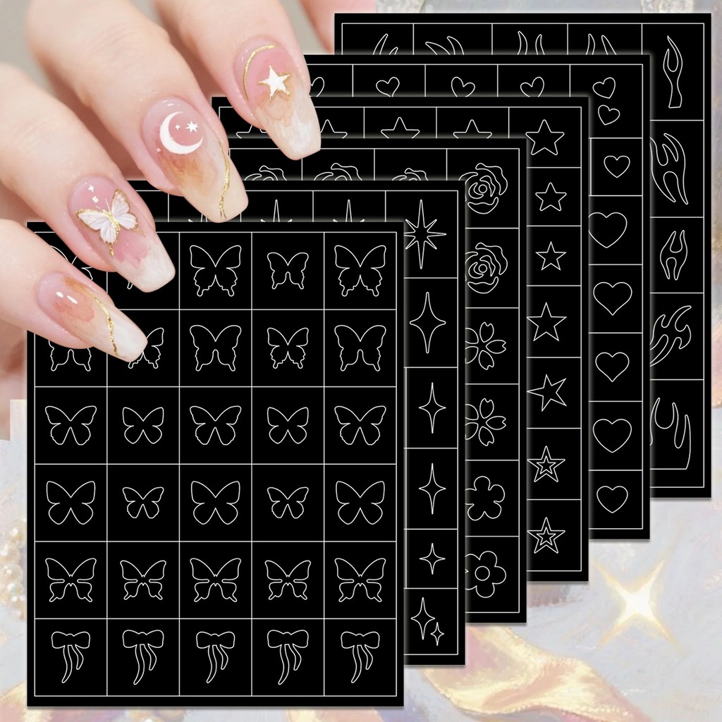 3/6/12 แผ่น Minimal Line Nail Stencil Art สติกเกอร์, Hearts Stars Butterflies เปลวไฟ Outline Decals สําหรับ DIY เล็บ