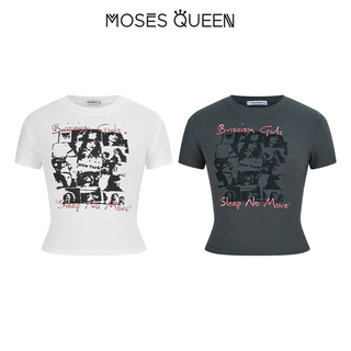 MOSESQUEEN เสื้อผู้หญิงคอเสื้อลูกเรือแขนสั้น พิมพ์ลายระบายอากาศได้ดี สลิมฟิตมีสไตล์สำหรับใส่ทุกวัน #63605