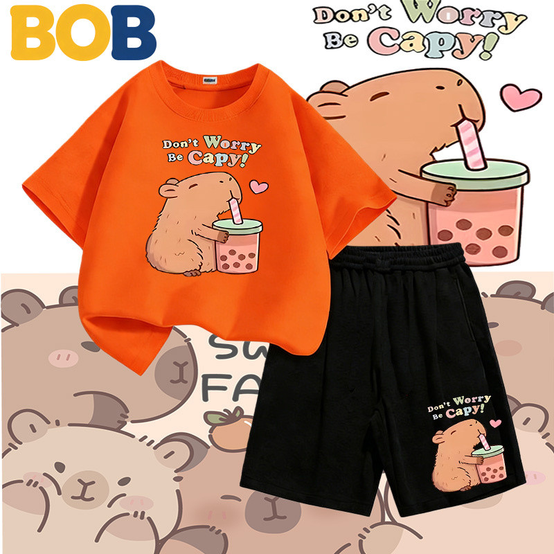 【จัดส่งไทย】2ชิ้น BOB ชุดทีชิเด็กกะปี้บารา ยาวสั้น ผสมฝ้าย สำหรับเด็กชาย เด็กหญิง ใบหน้าสุดน่ารัก 2026 ใหม่#133