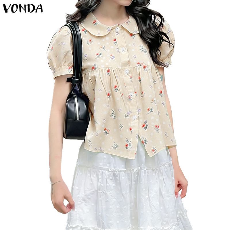 VONDA ผู้หญิงเกาหลีสไตล์ Girlish ตุ๊กตาคอปก Turned Collar ขนาดเล็ก Polka Dot พิมพ์แขนฟองปุ่มเสื้อ