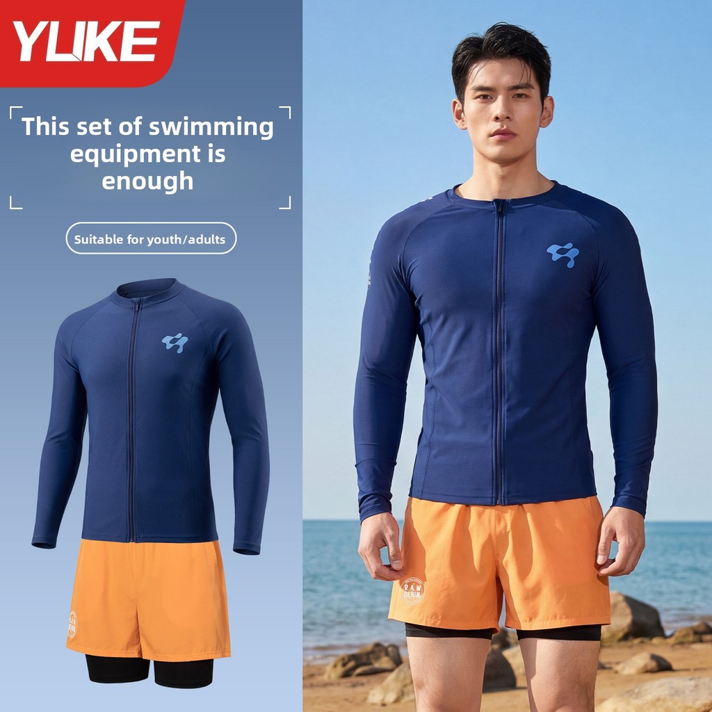 YUKE Mens แขนยาว กิมONO สวมใส่ขณะดำน้ำ เหมาะสำหรับการดำน้ำ ตกปลา ชมปะการัง พร้อมกางเกงขาสั้น แห้งไว ป้องกันแสงแดด