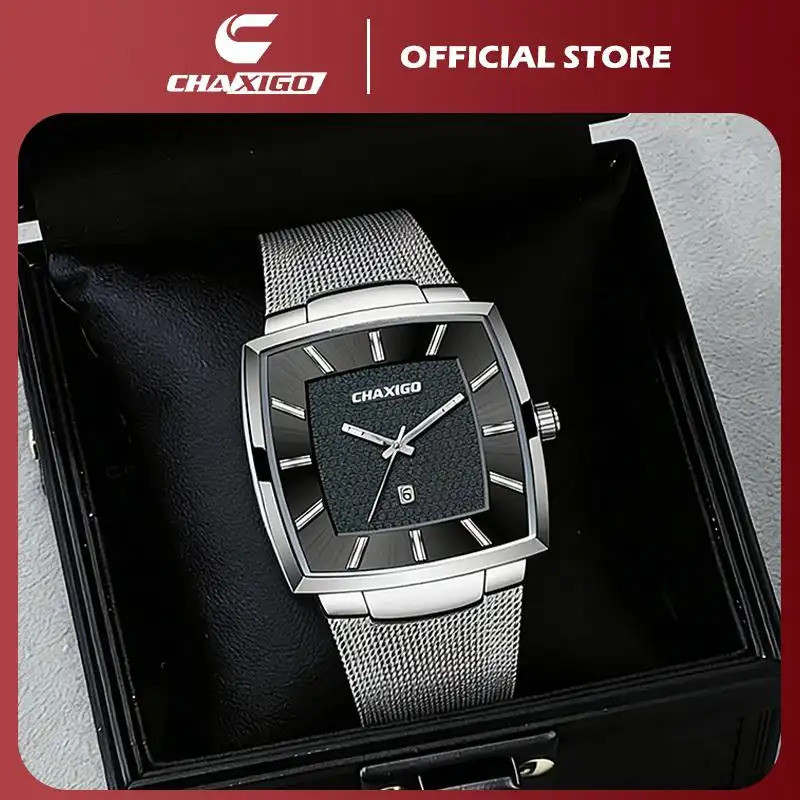 CHAXIGO นาฬิกาแฟชั่นผู้ชาย Top Band Luxury Quartz Square นาฬิกา Ultra Auto วันที่กันน้ํา Casual นาฬิกาสําหรับชาย W259songkran
