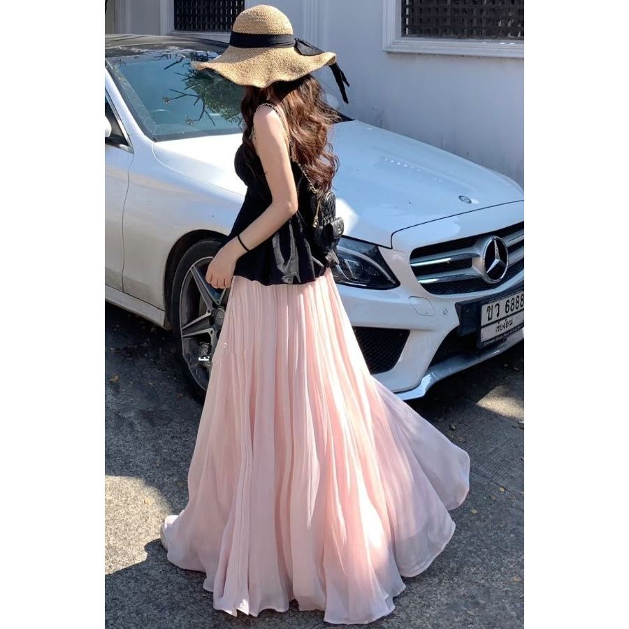 [จํากัดเวลา Seckill] กระโปรงแกว่งใหญ่สูงประกายเอวสูงยืดหยุ่น High-End Elegant a-Line ยาวกระโปรงสีชมพู