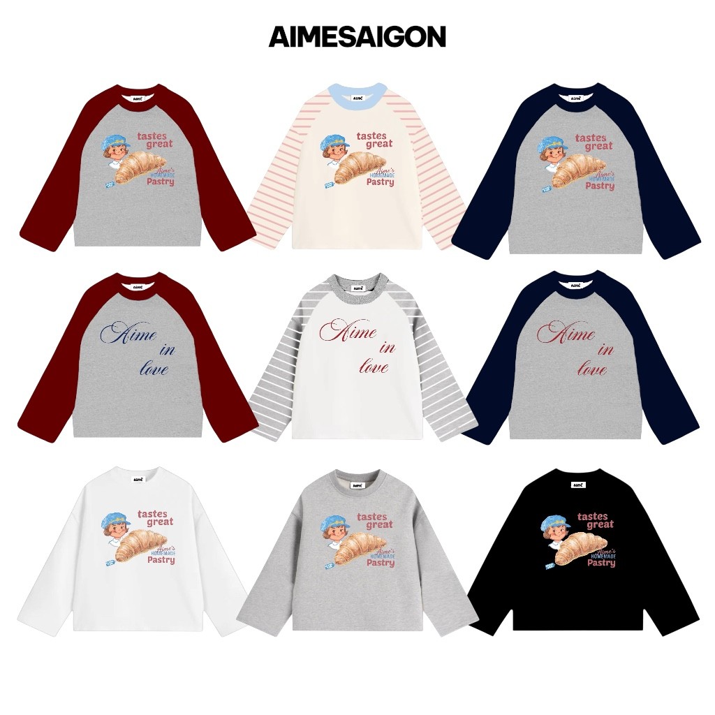 [Ver6] Raglan ผ้าฝ้ายแขนยาว Boxy ลายเสื้อยืดแขนยาว AIMÉ หลวมรอบคอ Unisex ผู้ชายผู้หญิง Basic ฤดูร้อนเสื้อ - ATDRL06