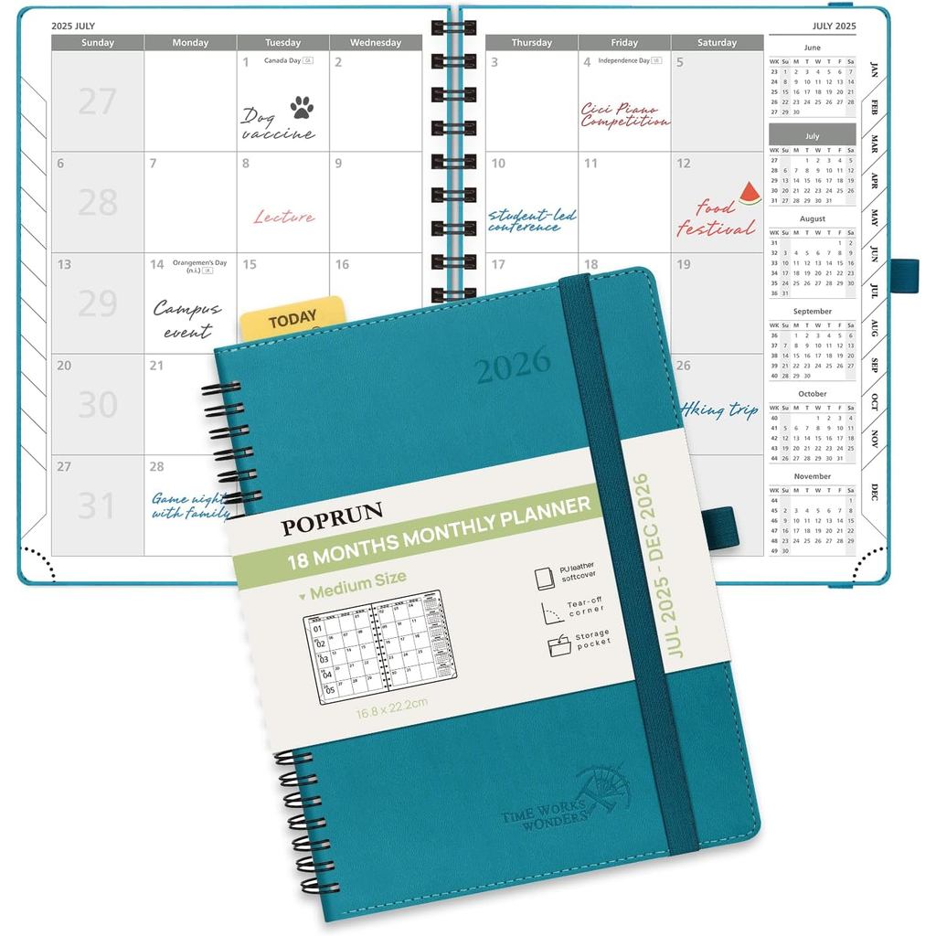 POPRUN Planner รายเดือน 2025-2026 Spiral Bound (6.5" x 8.5") ปฏิทิน 18 เดือน (Jul 2025 - ธ.ค 2026) -