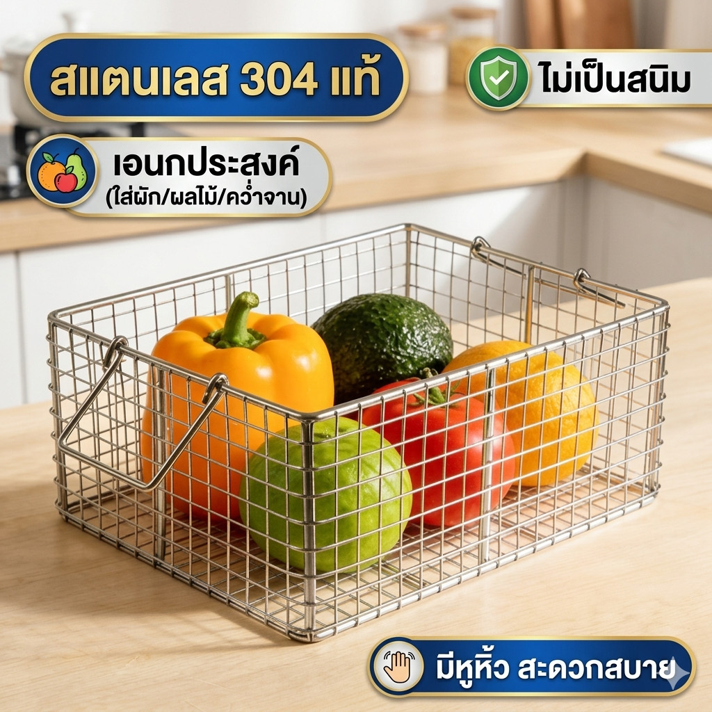 ตะกร้าสแตนเลส 304 แท้ ตาข่าย เก็บของ ใส่ผักผลไม้ คว่ำจาน เอนกประสงค์