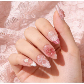 ซากุระ ซากุระ | เล็บปลอมรูปอัลมอนด์สีขาวสีชมพู 10 ชิ้น SOPHIAURA S217
