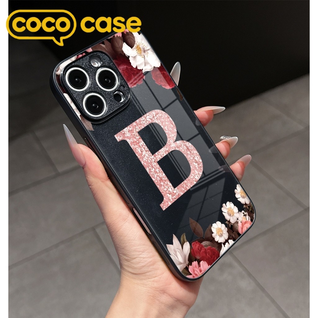 เคสไอโฟนกระจกนิรภัยสีดำ ลายตัวอักษร B ดอกไม้สีสดใส 17/17Pro/17ProMax/16/16Pro/16ProMax/15/14/13