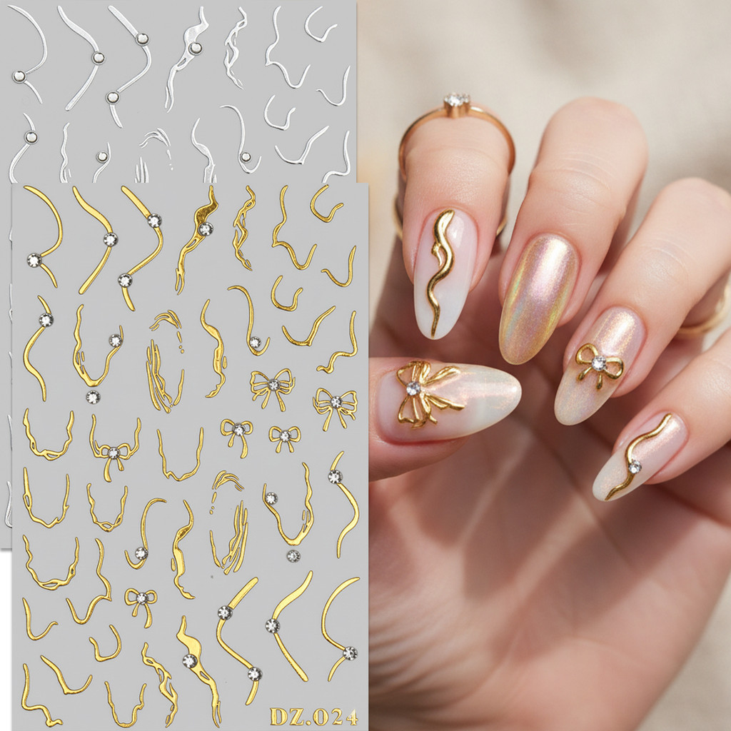HAMA 3D นูน Gold & HAMA เงินเล็บสติกเกอร์ Star Moon Heart Bow Self-Adhesive เล็บ Decals สําหรับ DIY ตกแต่งเล็บ