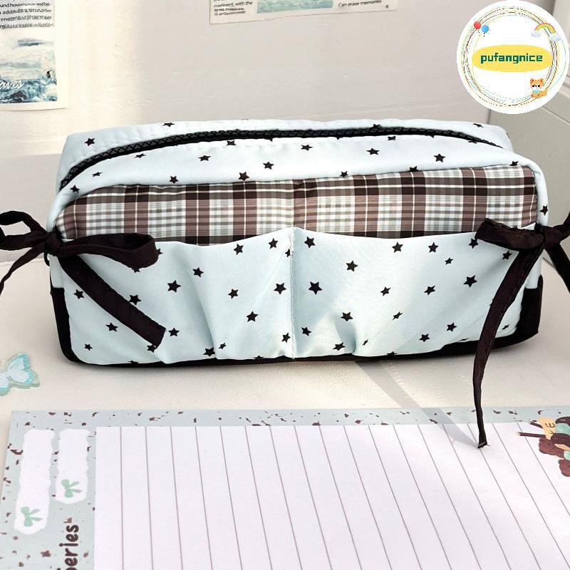 Pufangnice Bowknot Pen Bag Soft Fabric Pencil Case Zipper Large Capacity Storage Pouch for Students School Gifts TH