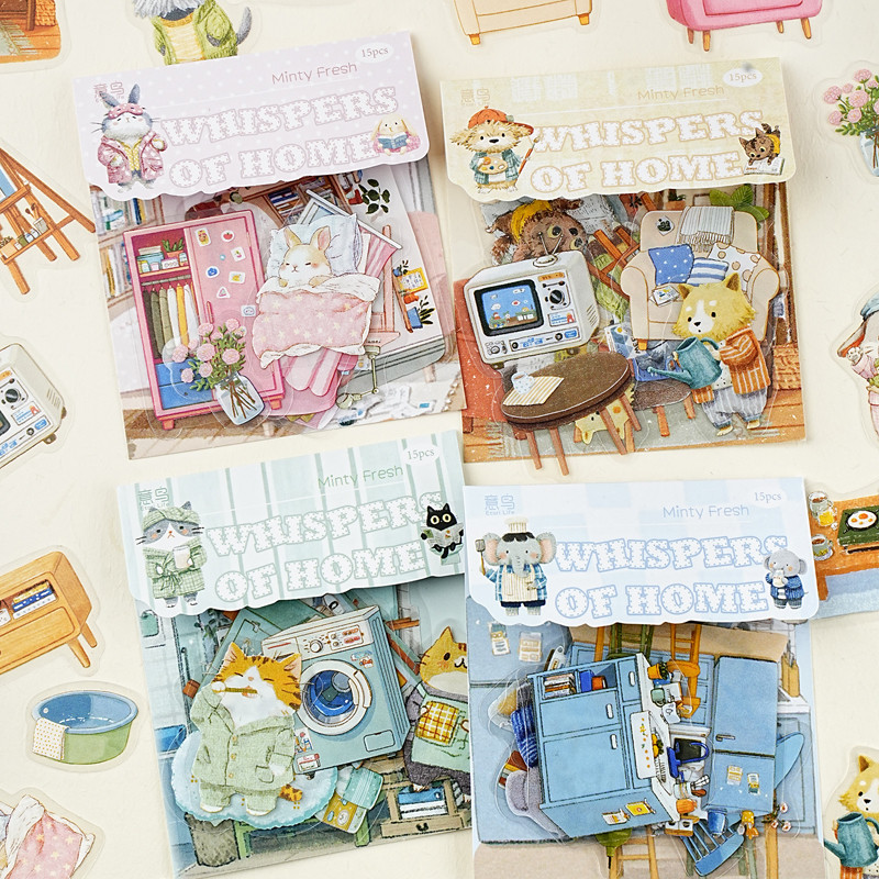 WEI 15 ชิ้น [Residence Whisper Series] สีชมพู Dreamy Slumber Warm Fuzzy Embrace สติกเกอร์ PET Journal ตกแต่ง Scrapbooking Supplies