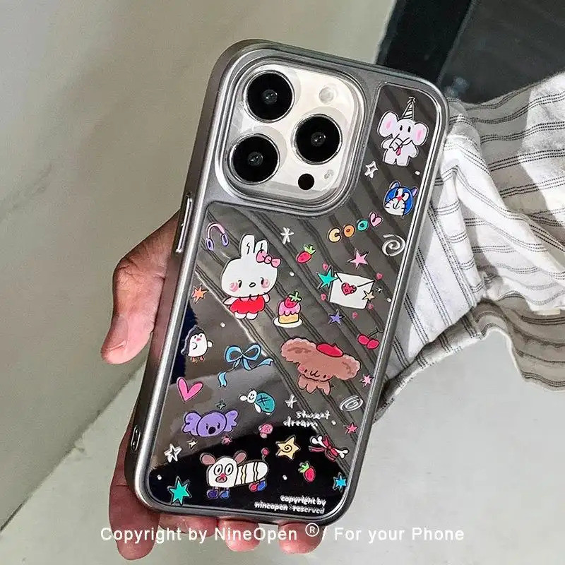 Graffiti KT กระจกแมวเคสโทรศัพท์ Electroplated Silver Edge กันกระแทกฝาครอบป้องกันสําหรับ iPhone 11 12