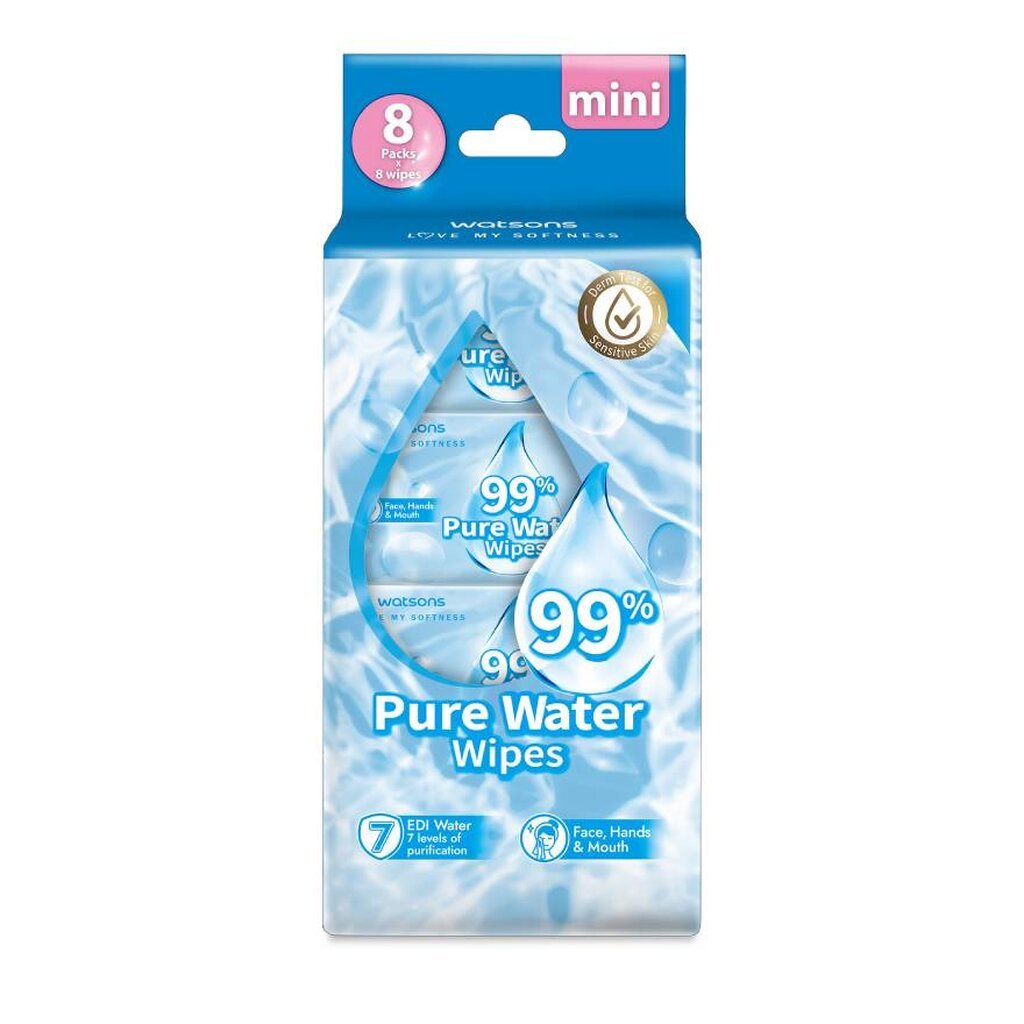 Watsons วัตสัน 99 เปอร์เซ็นต์ เพียววอเตอร์ไวพ์ 8 แพ็ค x 8 แผ่น