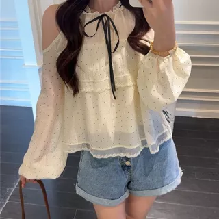 LINNA~Xคอวี โบว์ ผูกขึ้น แขนยาว เสื้อเชิ้ต รุ่นใหม่ สไตล์หวาน