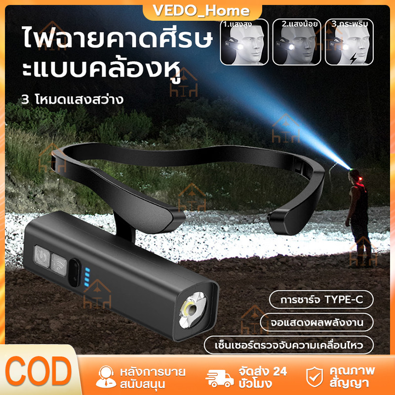ไฟหน้ากันน้ำแบบหนีบหู พร้อม Bluetooth ฟังเพลงได้ แบตเตอรี่ยาวนาน 3 โหมดแสง ปรับมุมได้ 360°