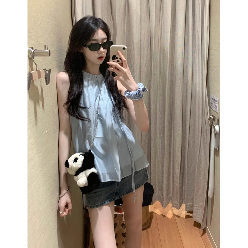 เสื้อชีฟองสไตล์เกาหลีสำหรับผู้หญิง ปิดไหล่ มีเชือกแขวนคอ 260327
