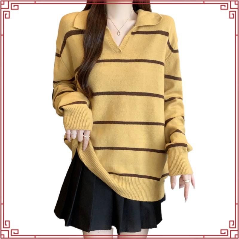 Withit long sleeve knit เสื้อไหมพรมลายทางคอปก - TPW09670