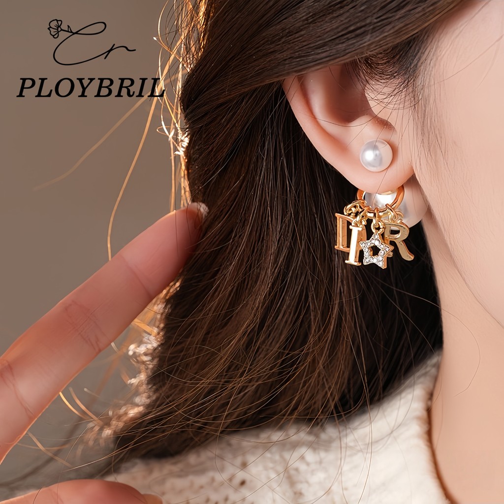 PLOYBRIL เดรช เข็มเงินเพชรดาวจดหมายลูกมุกต่างหูสองสวมใส่ รูปที่ 6