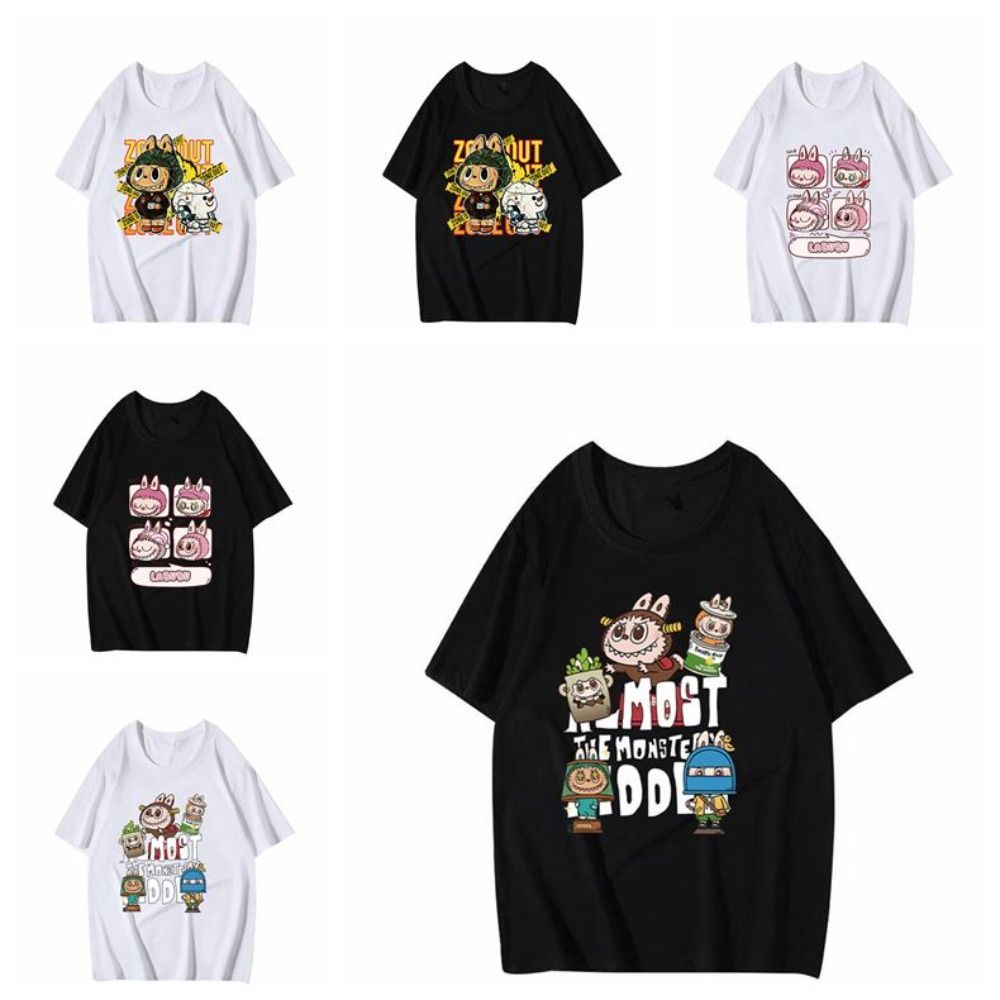 แฟชั่นRound Neck Labubu Cartoon Printed T-shirt Letter Oversized Labubu Men's Shirt Breathable Ins L