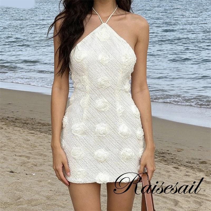 Rs-ผู้หญิงฤดูร้อน Halter คอชุดลําลอง 3D ดอกไม้ Backless ชุดมินิสําหรับวันหยุดชายหาด Party Club Stree
