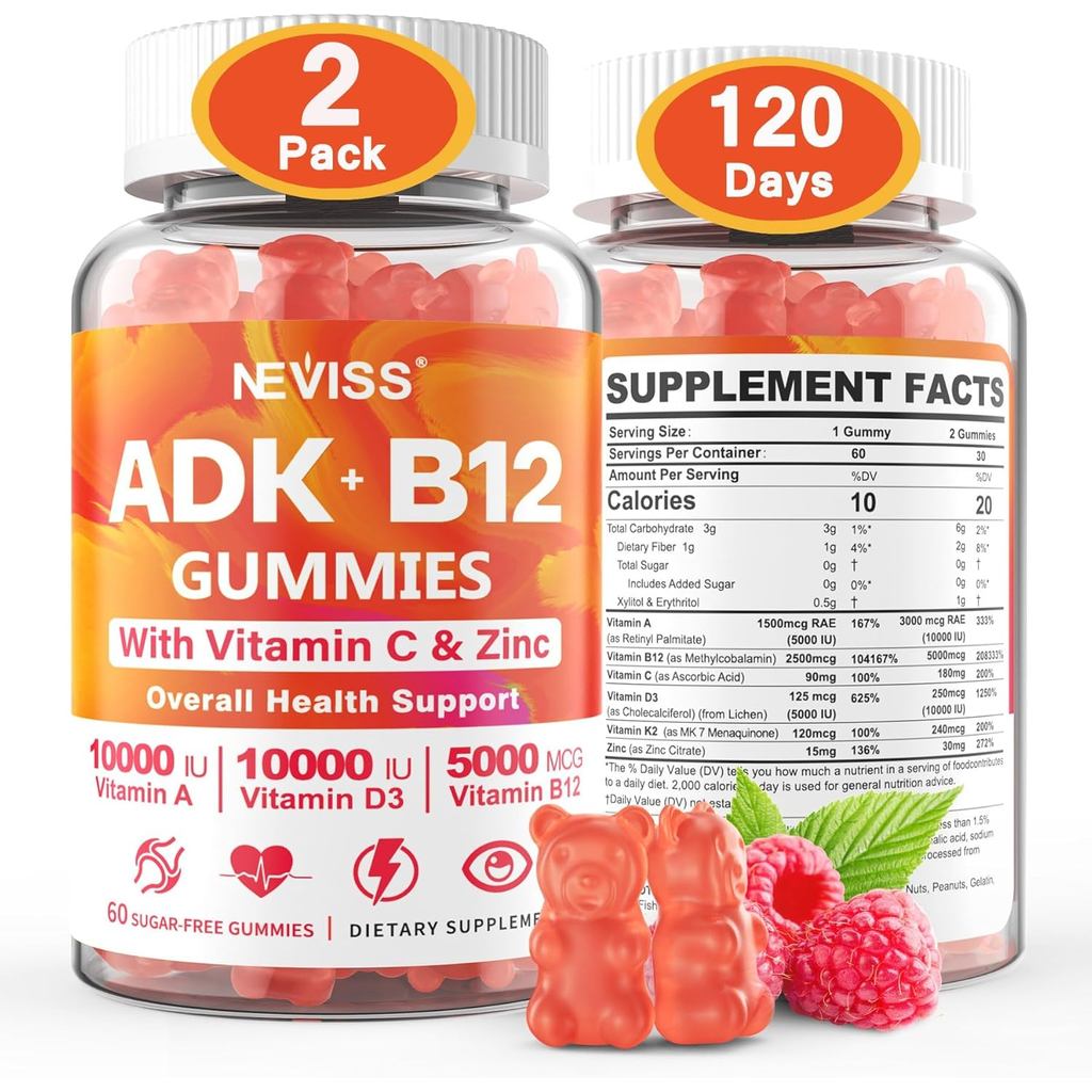 ปราศจากน้ําตาล ADK+Vitamin B12 Jelly-Vitamin D3K210,000IU/15,000IU, B125000Mcg2500mcg, K2 (MK-7) 240
