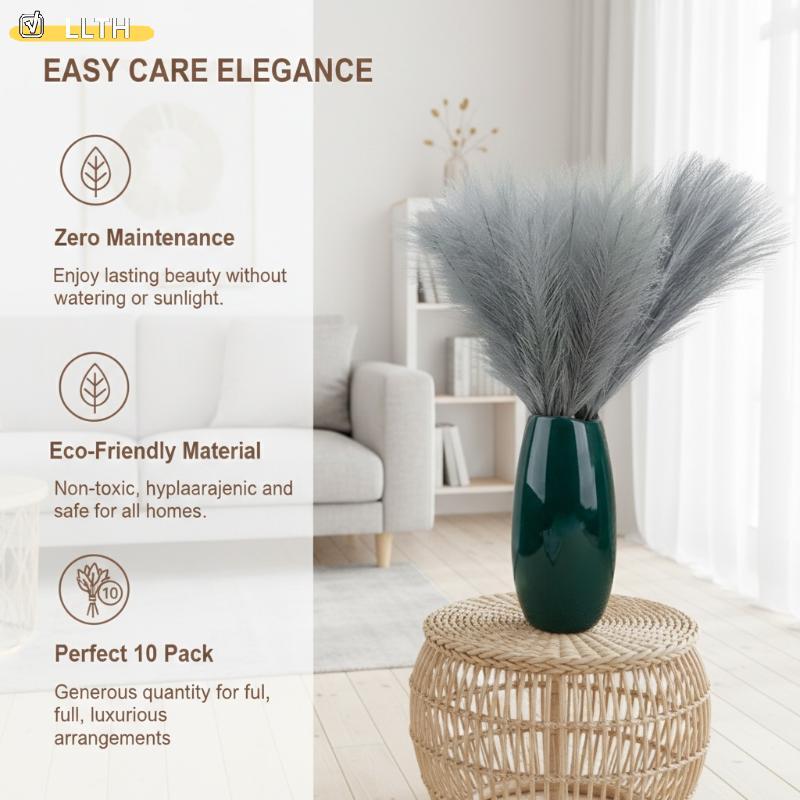 LLTH 10 ชิ้น Faux Pampas หญ้าดอกไม้ประดิษฐ์ Boho ตกแต่งงานแต่งงานช่อดอกไม้ Party Home Room Decor พืชปลอม Fluffy Reed ดอกไม้ร้อน