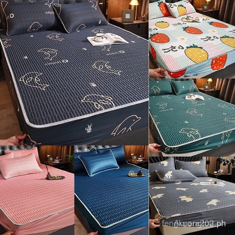 ผ้าไหมน้ําแข็ง Latex ผ้าปูที่นอนติดตั้งเดี่ยว Queen King ขนาดผ้าปูที่นอนสีทึบที่นอน Protector ผ้าคลุ