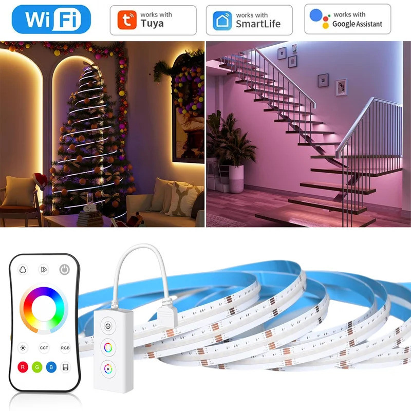 Tuya WiFi COB RGB + CCT LED Strip 12V 2m 3m 5m Dimmable ตู้ Room Light Decor 2.4G RF รีโมทคอนโทรลสํา