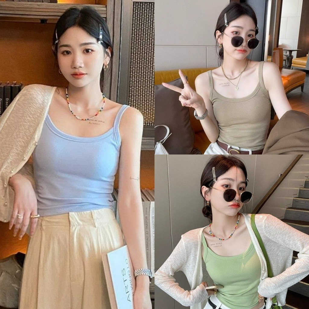 💖Miqi💖เสื้อสายเดี่ยว สีพื้น มีฟองน้ำ เข้ารูป ผ้ายืด เสื้อครอป แฟชั่นฤดูร้อน ใส่สบาย มินิมอล#FY1019