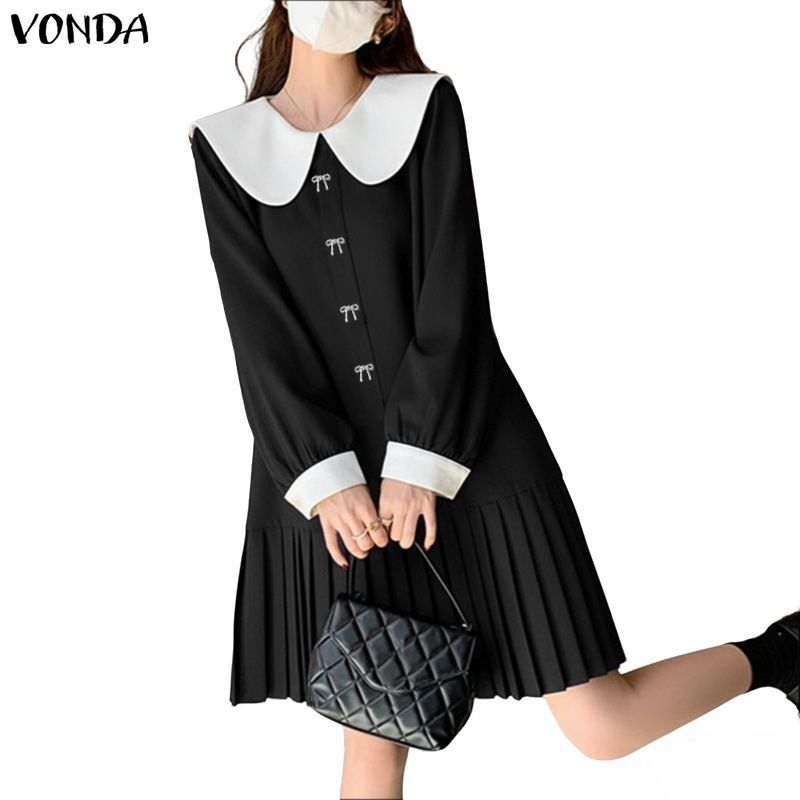 VONDA ชุดเสื้อผ้าสไตล์วิทยาลัยสำหรับผู้หญิง แขนยาว มาร์ฟเลิศท์และขอบกระพือ