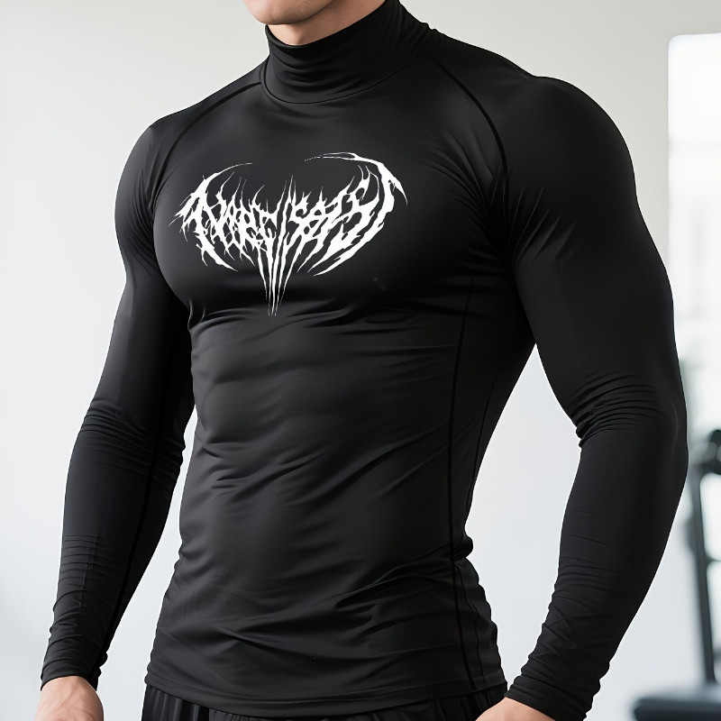 Men's Turtleneck Compression Shirt Fitness and Workout Long Sleeves, Gothic Letters and Line Prints 