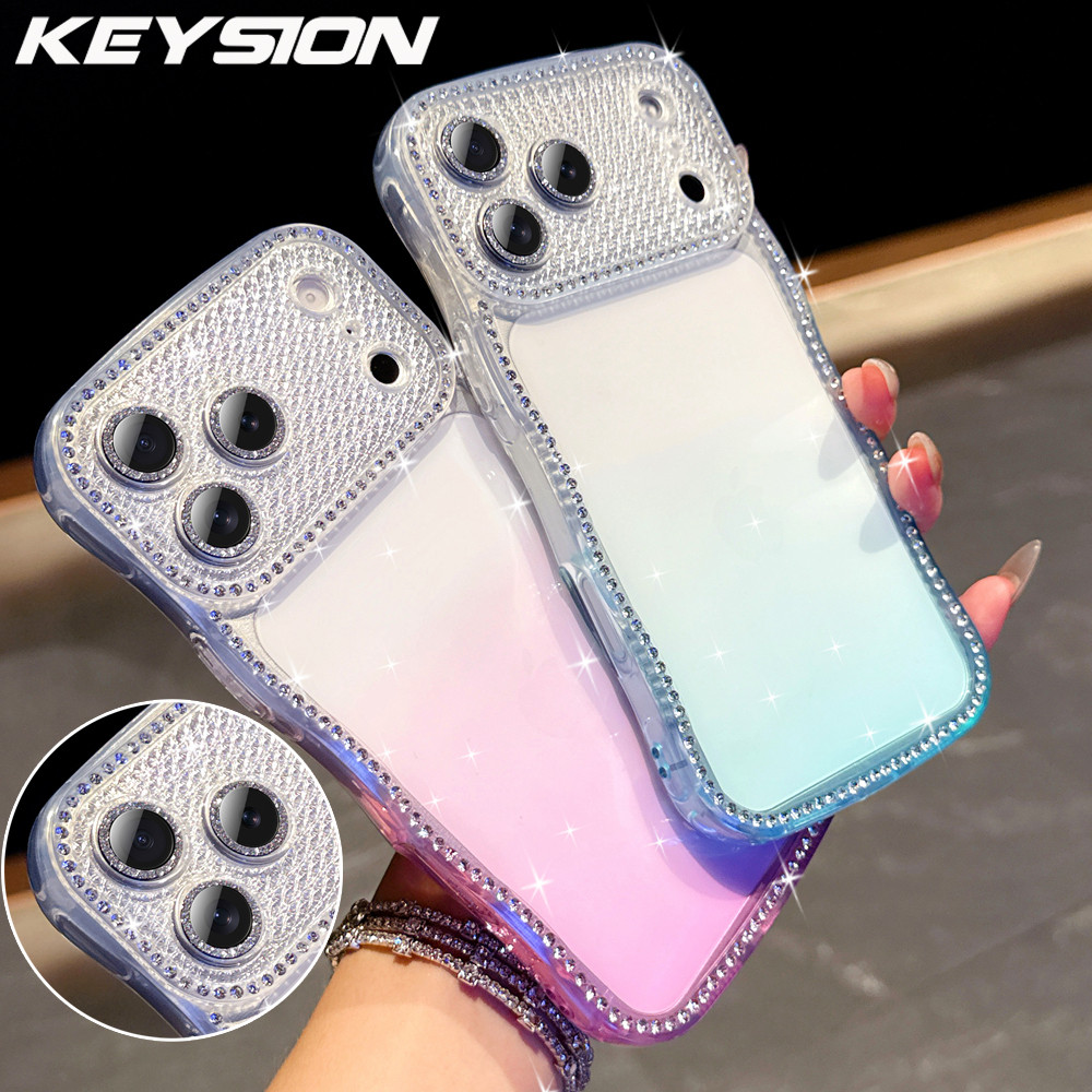 KEYSION Gradient โปร่งใสหยัก Rhinestone เคสโทรศัพท์สําหรับ iPhone 13 14 15 Pro Max 15 Plus เลนส์กันก