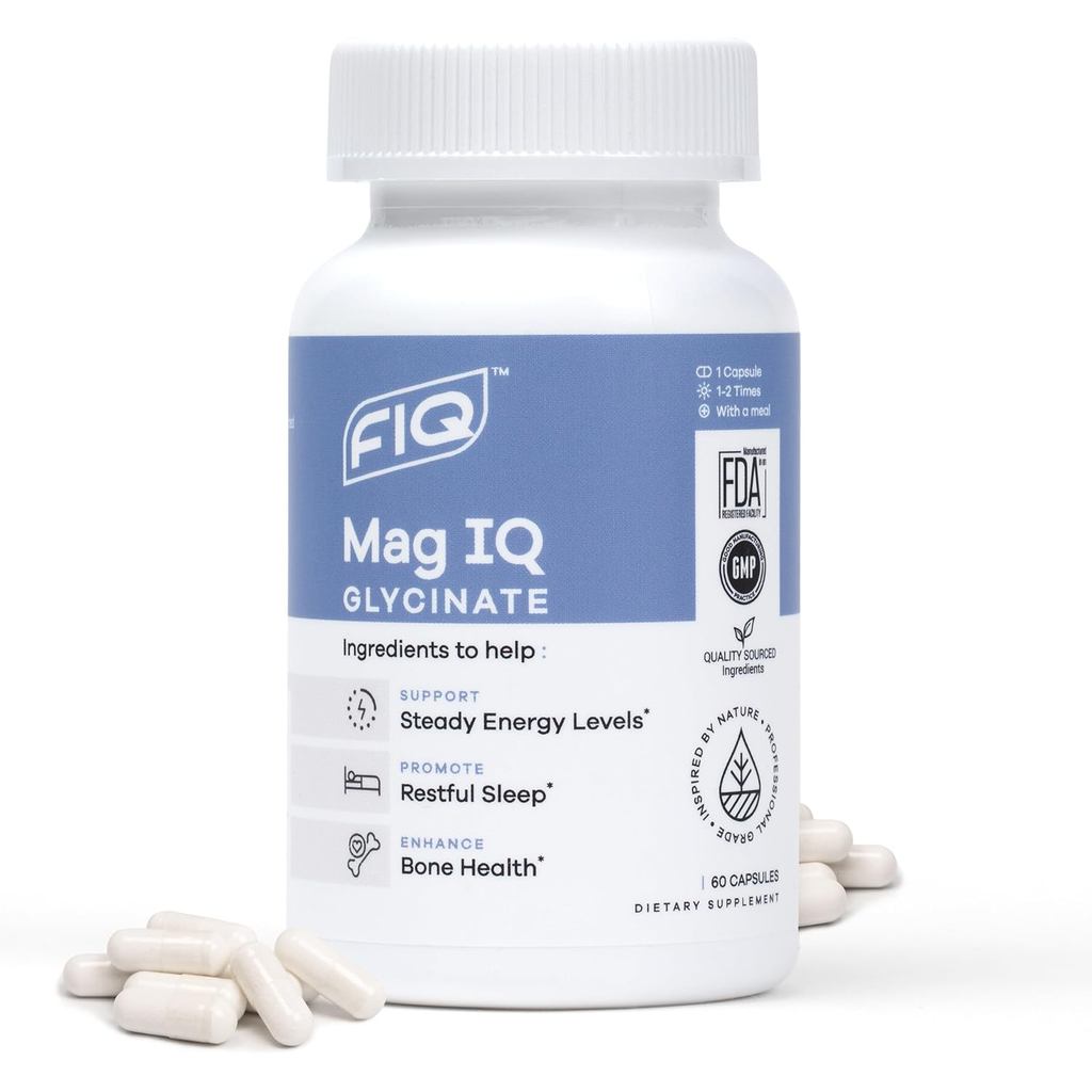 FIQ - Mag IQ Glycinate - Magnesium Bisglycinate Chelate TRAACS - การแข็งตัวของอวัยวะเพศแมกนีเซียมการดูดซึมสูง - นอนหลับ พลังงานประจําวัน และสุขภาพกระดูก - 60 แคปซูล