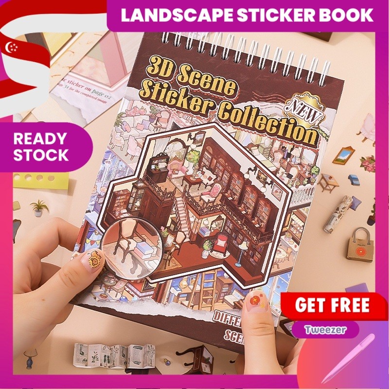 [KW] Dreamy Interiors A4 Landscape Sticker Book 15-in-1 3D Scene Sticker Rooms, สมุดภาพและวารสาร – H
