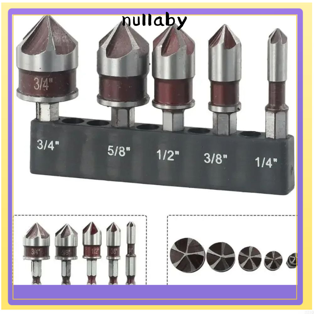 NULLABY ชุดดอกสว่านเคาเตอร์ซิงค์ 5 ชิ้น, หลายขนาด 1/4 3/8 1/2 5/8 3/4 นิ้ว, ดอกสว่านเคาเตอร์ซิงค์โลหะระดับมืออาชีพ ไม้