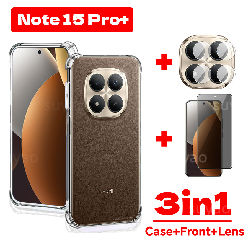 สําหรับ Redmi หมายเหตุ 15 Pro Plus ProPlus 14 2025 3in1 เคสโทรศัพท์ปลอกใส Note15Pro + Note15 กันกระแทก Soft TPU ป้องกันการแอบดูโค้งส่วนตัวกระจกนิรภัย Anti-Spy ฝาหลัง